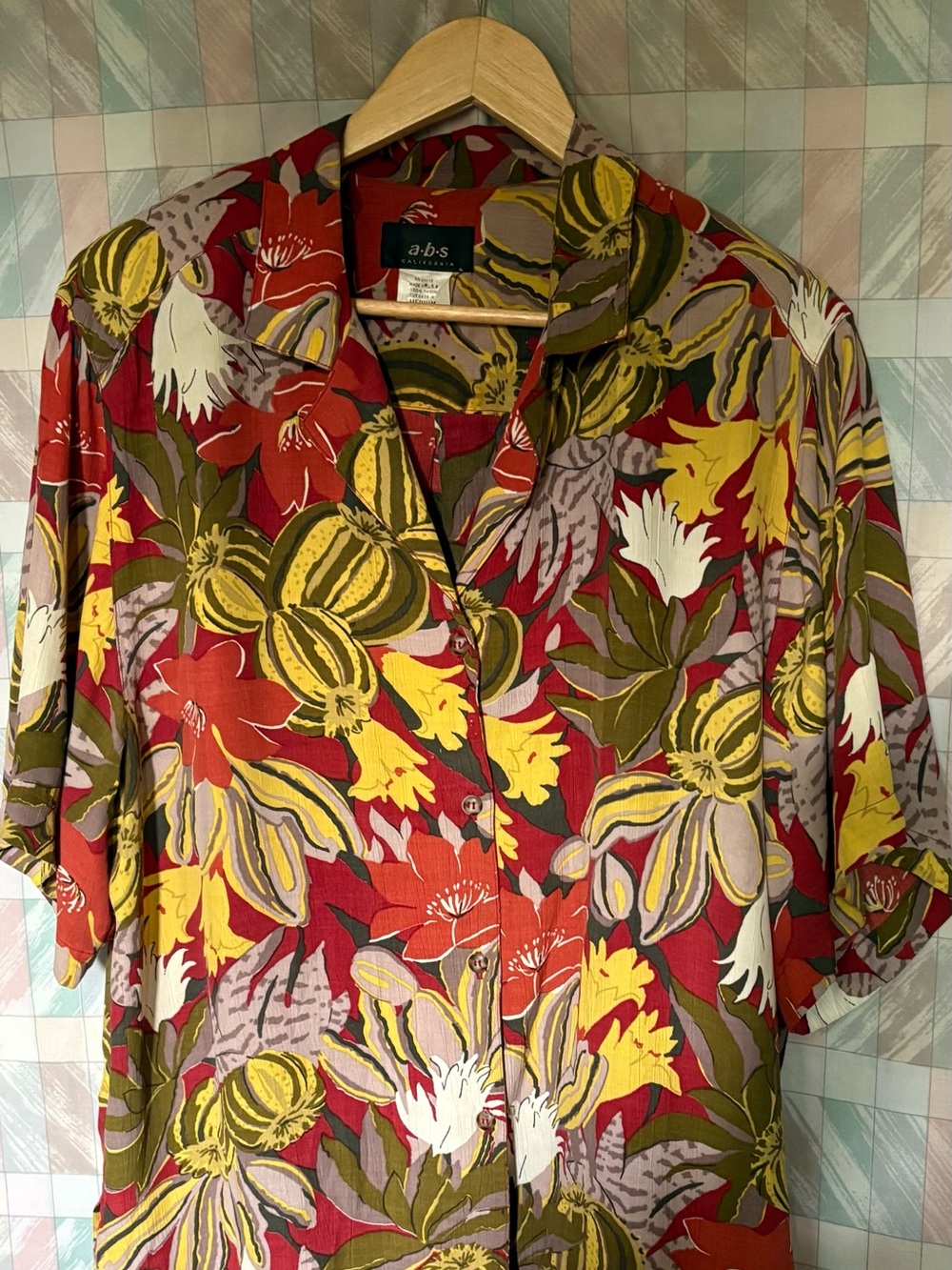 VTG A.B.S. California 100% Rayon Fall Print Blouse M